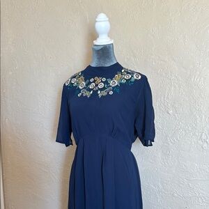 Elegant Navy Blue Floral Embroidered maternity Dress
